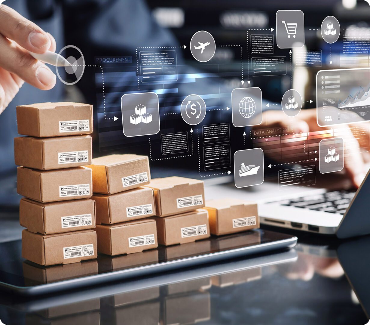 Stacked packages with digital logistics icons