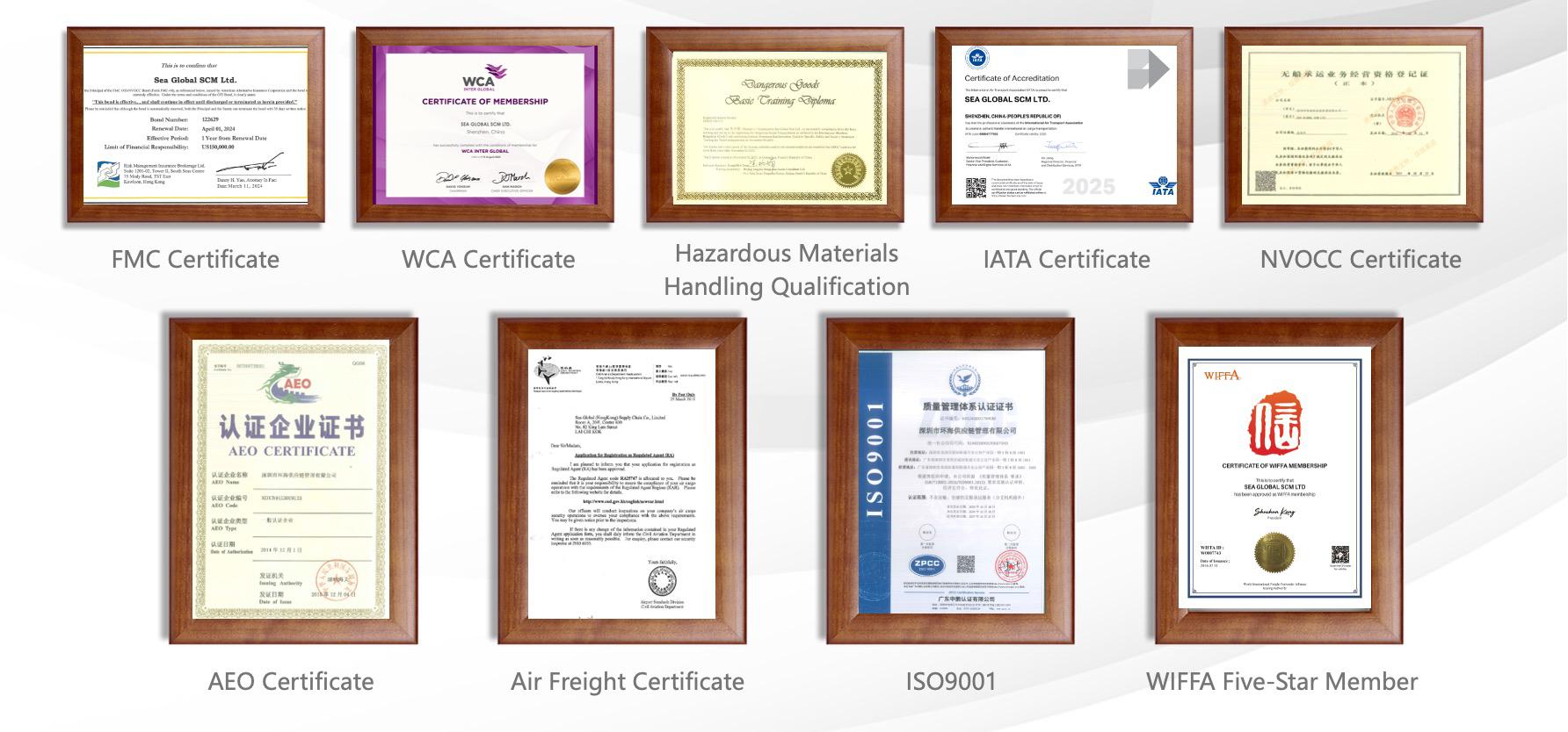 Various certificates showcasing professional qualifications and standards.