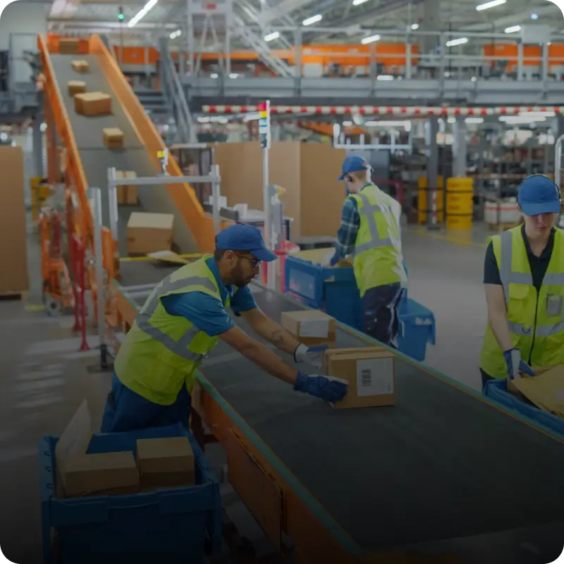 Workers sorting packages on conveyor belt