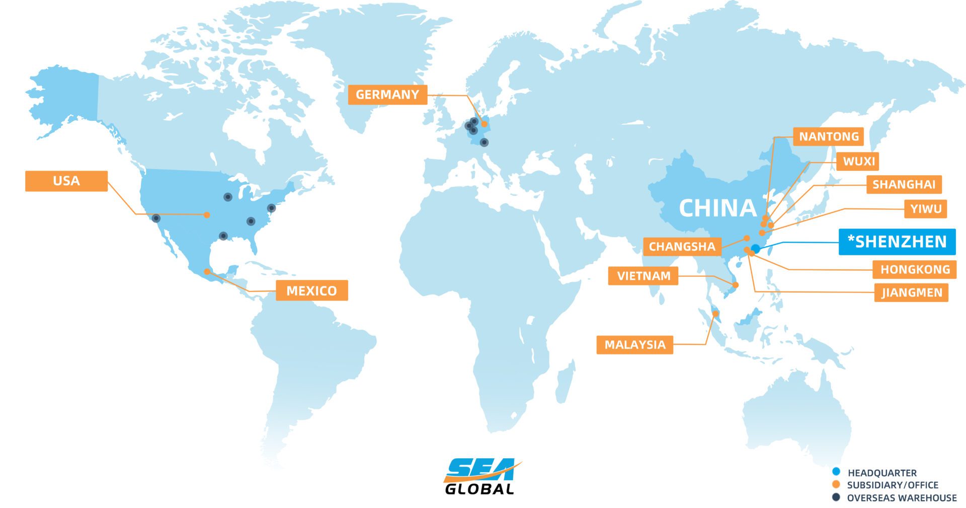 World map showing Sea-Global's strategic port locations across continents.